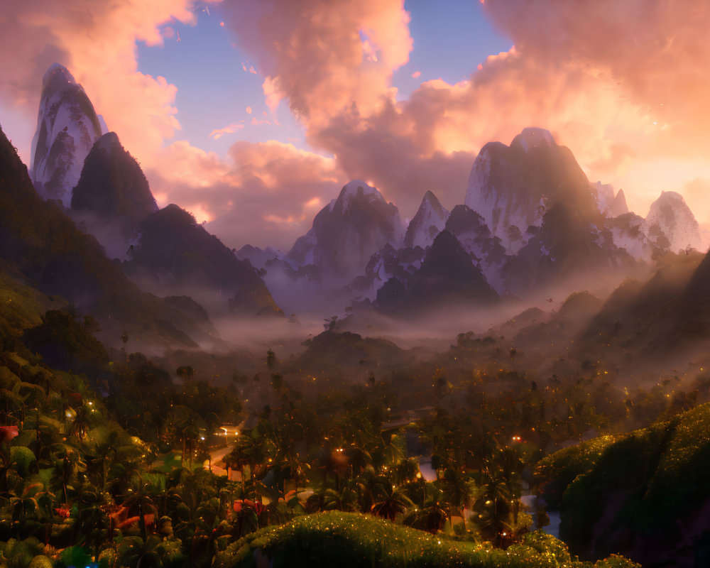 Scenic sunset over misty mountains and lush valley