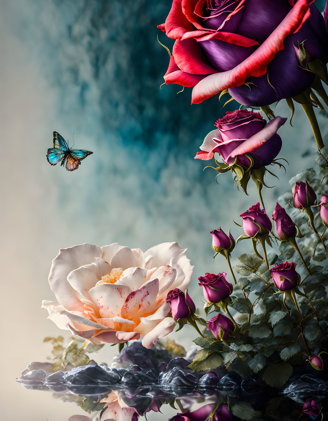 Colorful roses and butterfly under dramatic sky.