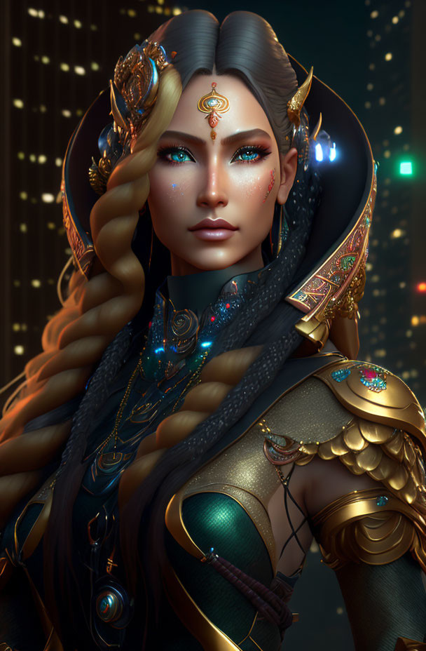 Fantasy female character with gold armor, jeweled hair, and blue eyes
