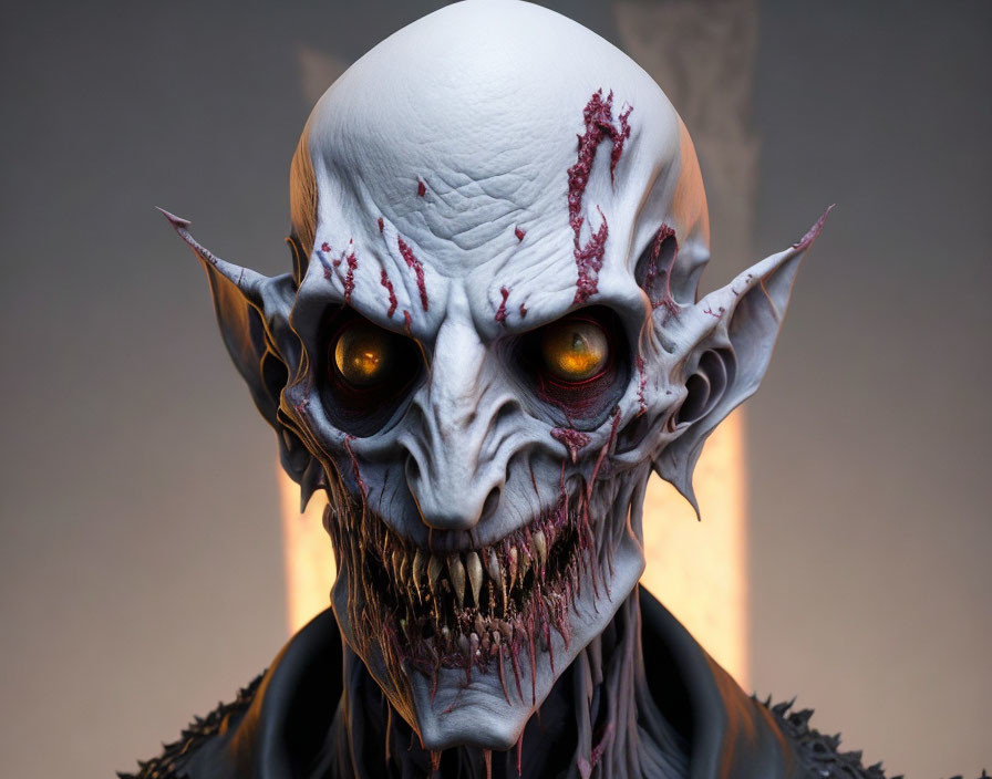 Menacing fantasy creature with skull-like face and glowing yellow eyes