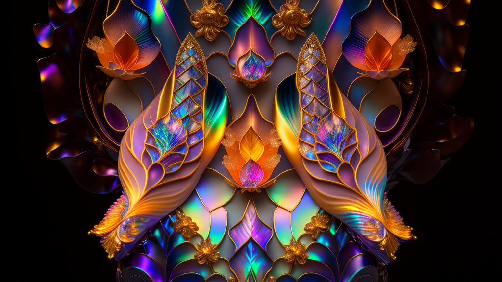 Symmetrical digital artwork with multicolored patterns and gold accents