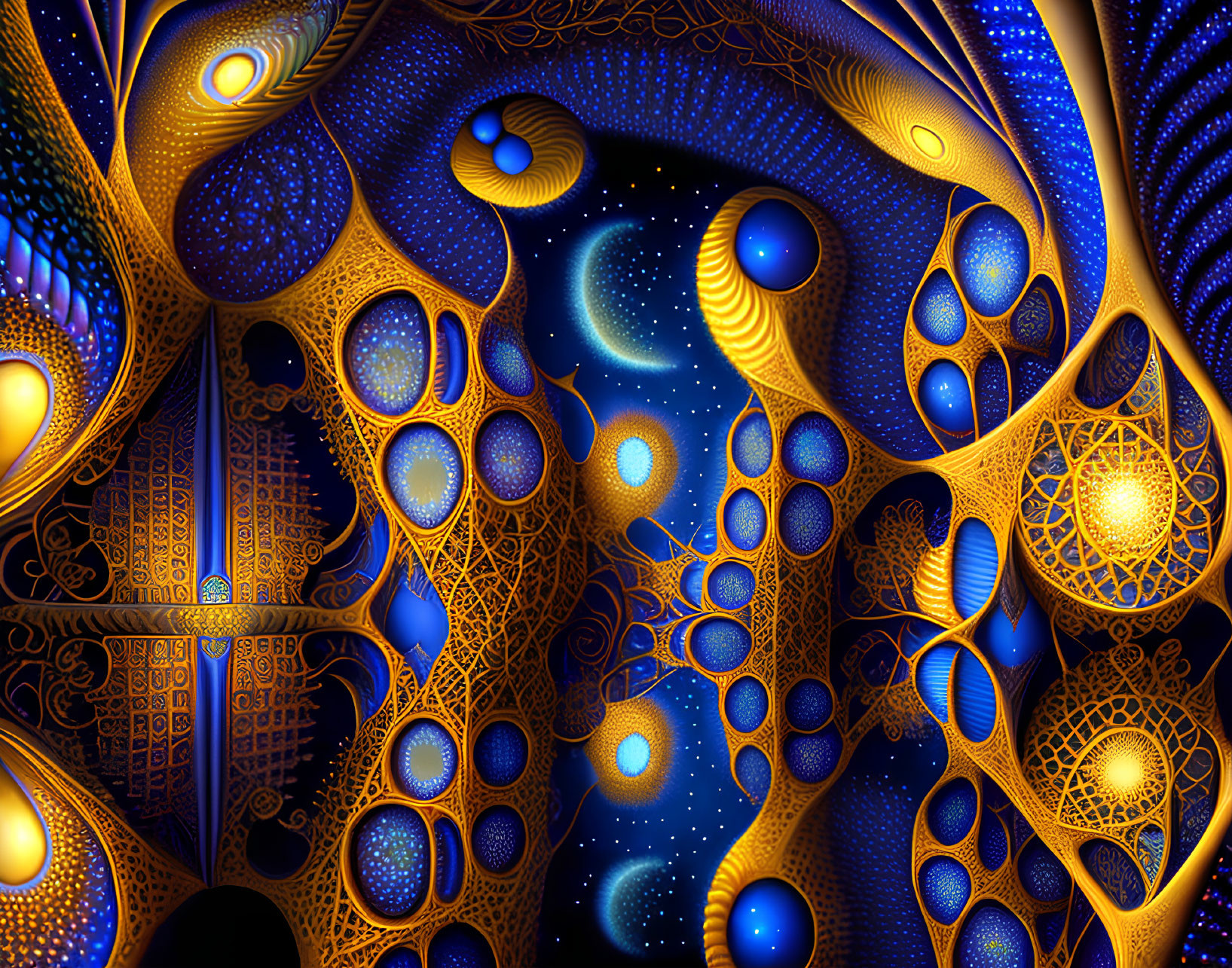 Intricate Blue and Gold Fractal Digital Artwork