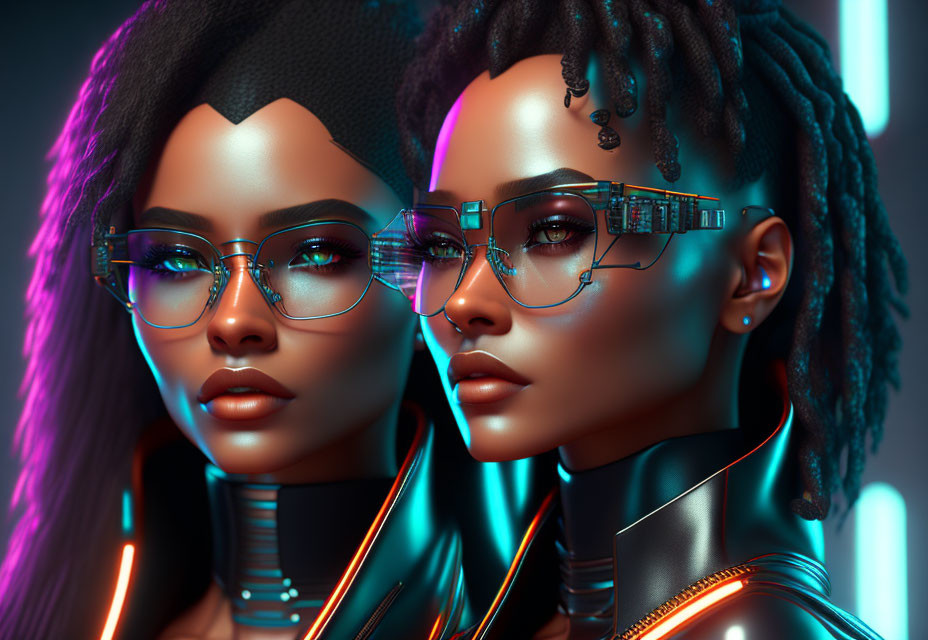 Futuristic women in neon-lit setting