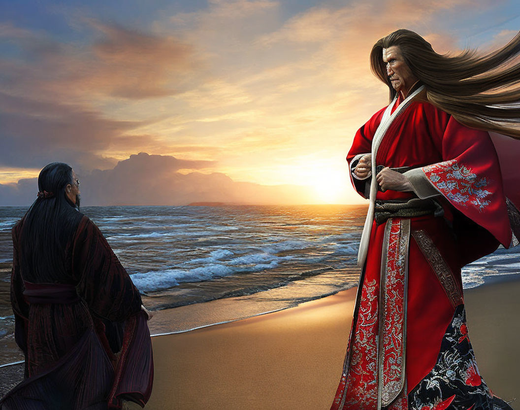 Samurai on beach at sunset in traditional attire