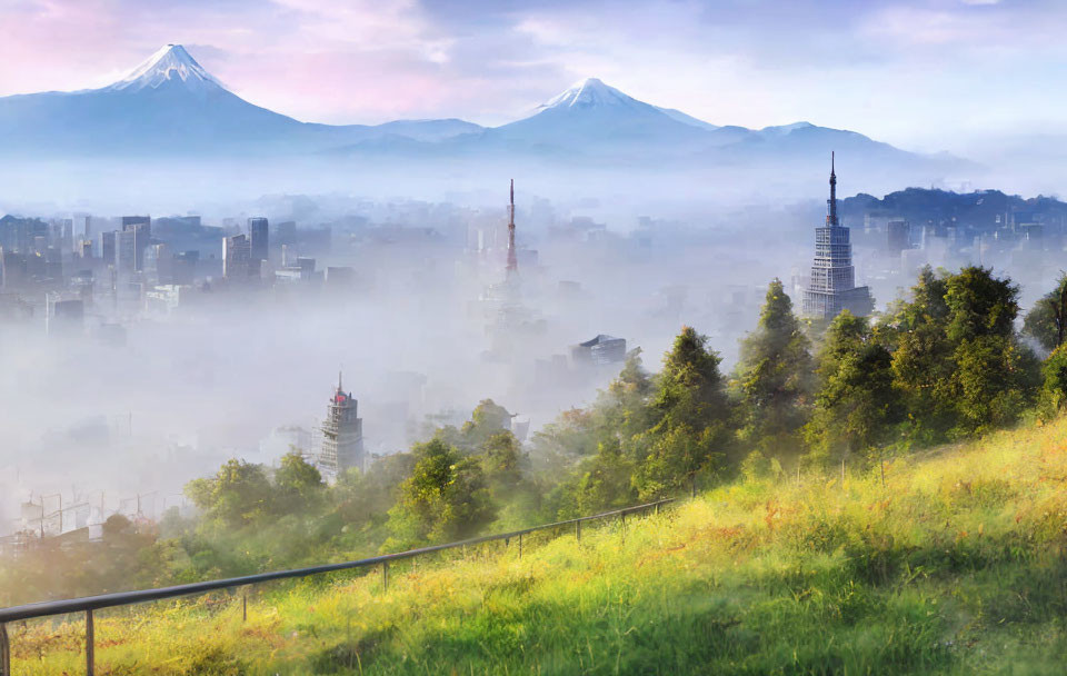 Cityscape with Skyscrapers and Snow-Capped Mountains in Morning Mist