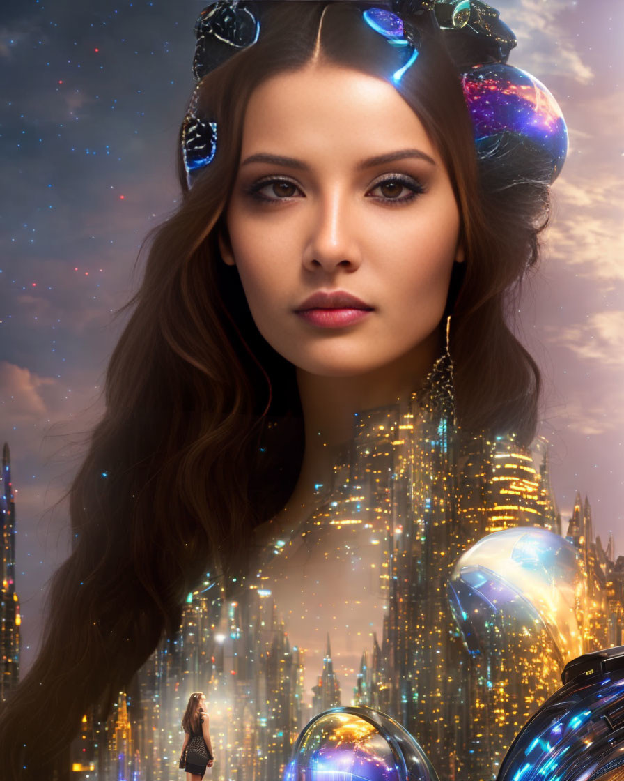Woman with cosmic headwear and cityscape backdrop under starry sky