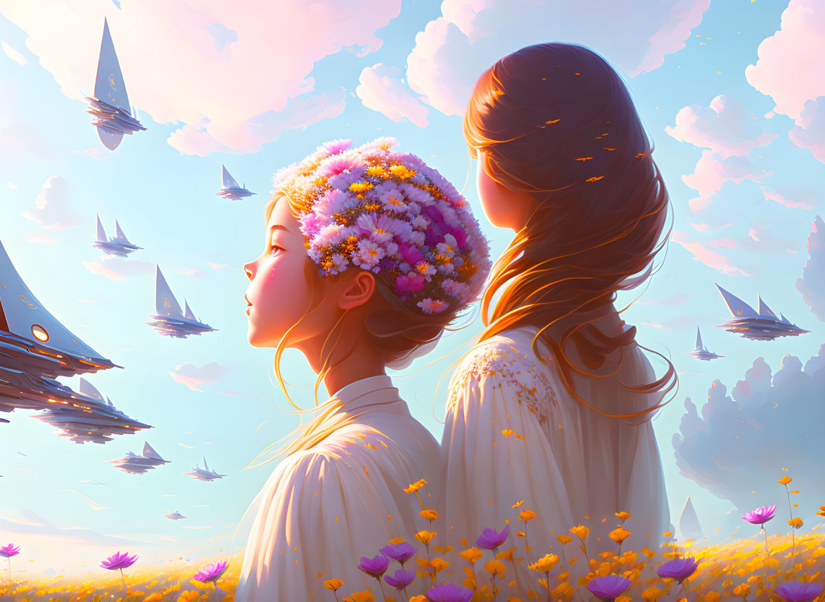 Two people in white with flowers gazing at sky with floating ships in warm, pastel hues