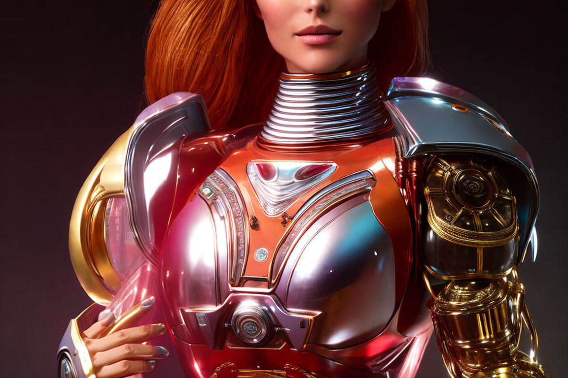 Red-haired woman in futuristic red and gold armor on dark background