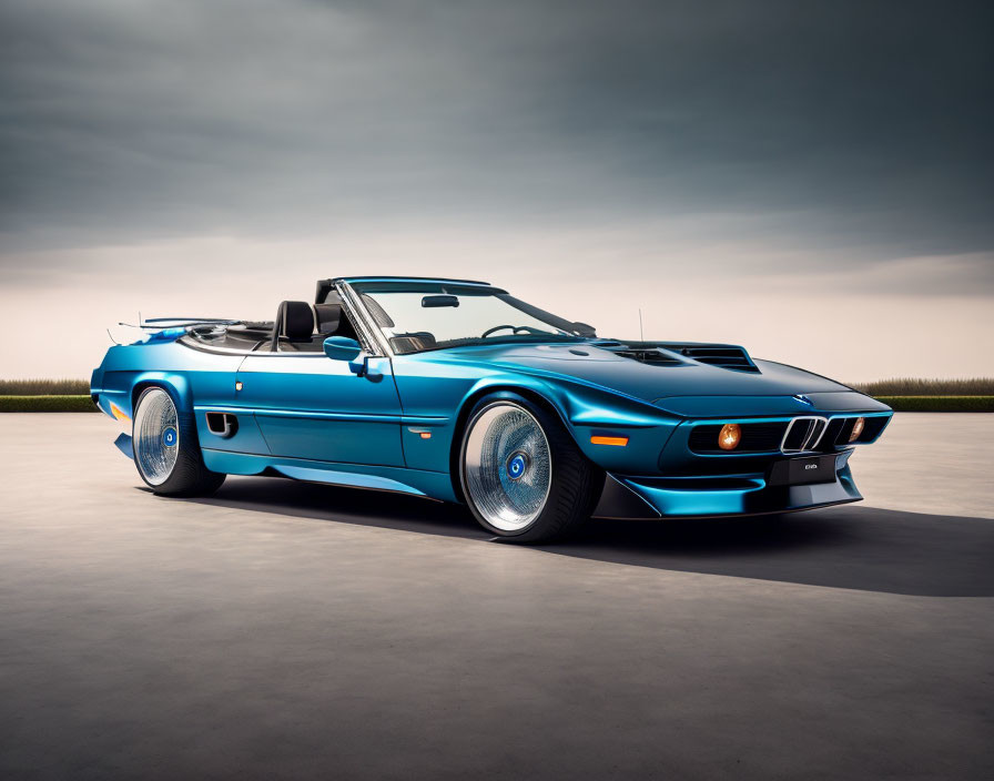 Blue Convertible BMW M1 with Custom Wheels Parked Under Moody Sky