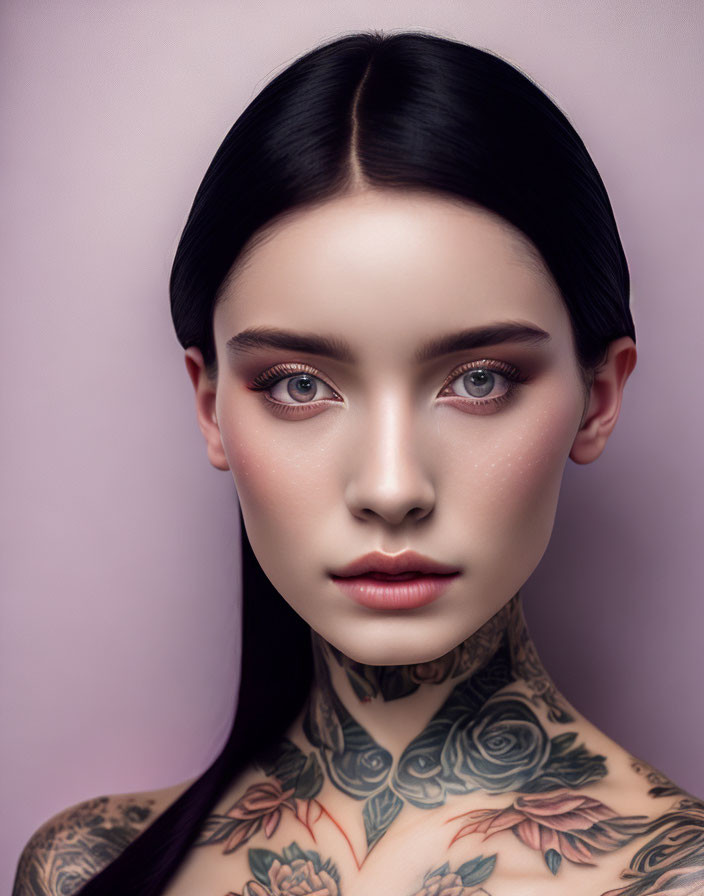 Portrait of Woman with Dark Hair and Floral Neck Tattoos on Pastel Background