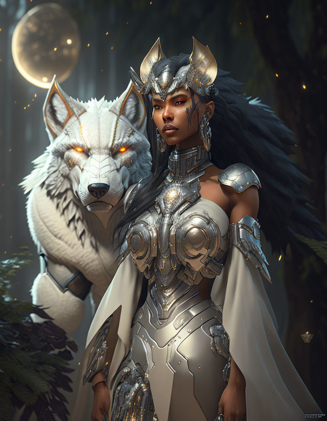 Fantasy warrior woman in silver armor with large wolf in moonlit forest