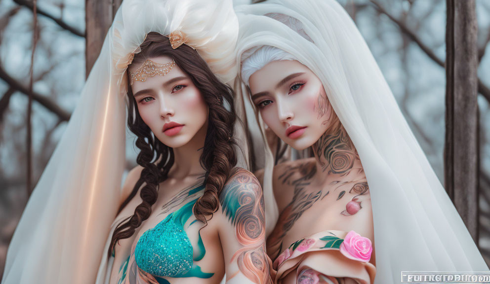 Two Women with Ornate Tattoos in Fantasy Attire in Mystical Forest