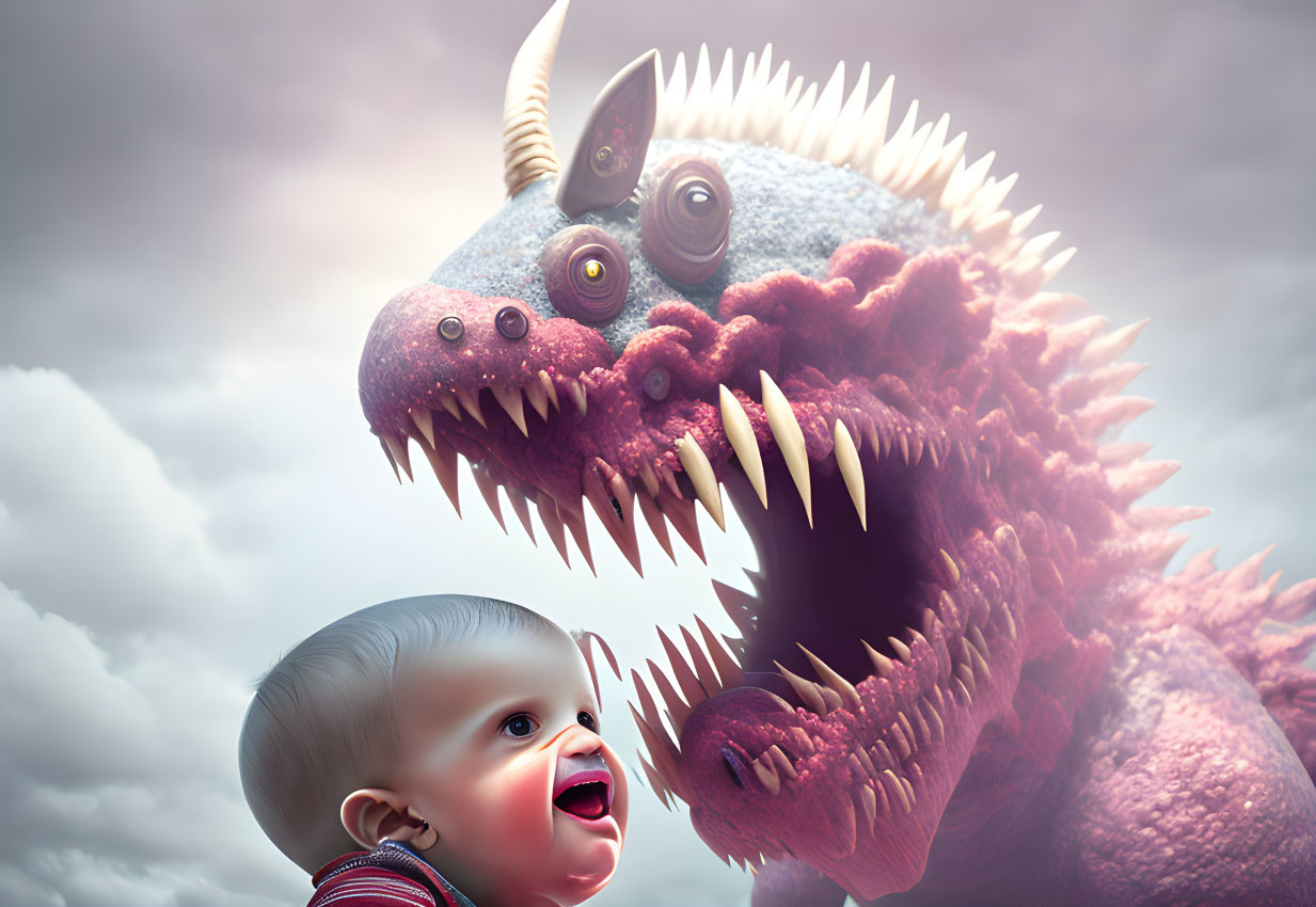 Curious Baby Gazes at Pink Creature with Multiple Eyes and Sharp Teeth