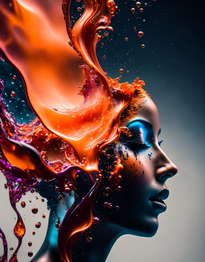 Profile Portrait with Dynamic Orange and Red Liquid Splashes on Dark Background