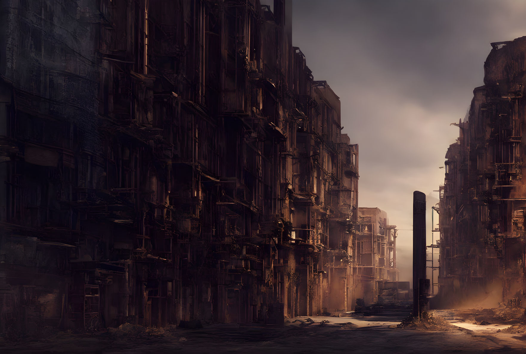 Desolate post-apocalyptic cityscape with dilapidated buildings.