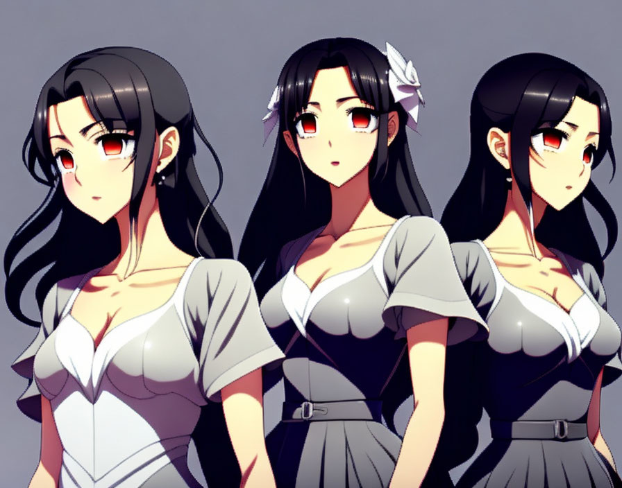 Anime-style female characters with varied hairstyles and expressions on grey background