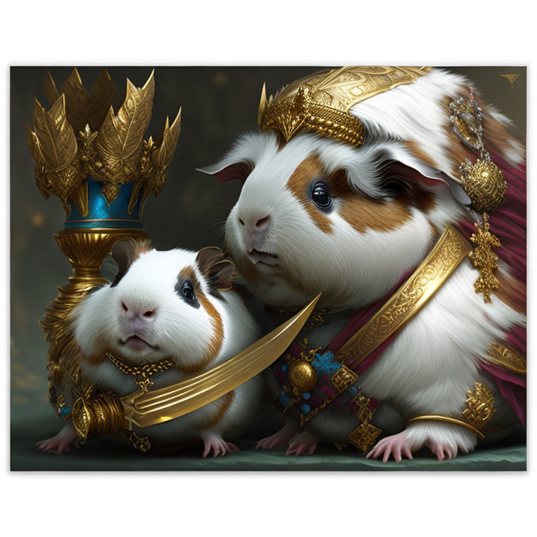 Guinea pigs in ornate armor and regal attire with scepter and sword.