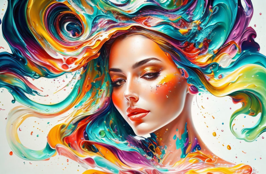 Colorful portrait of woman with flowing, multi-colored hair and abstract paint swirls