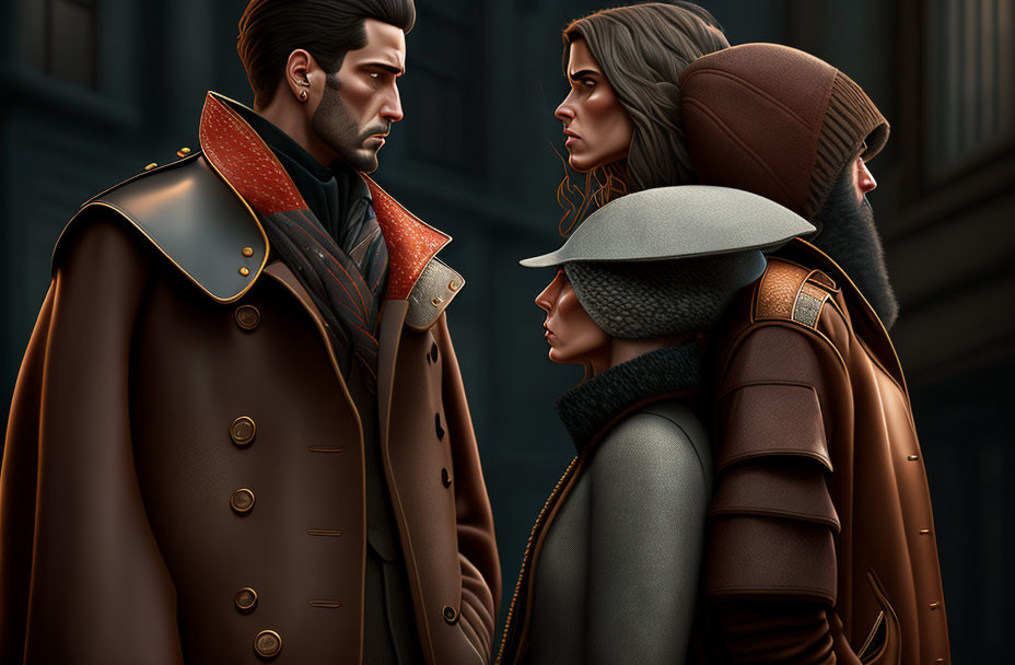 Three individuals in stylish winter wear with detailed coats and intense expressions against urban backdrop