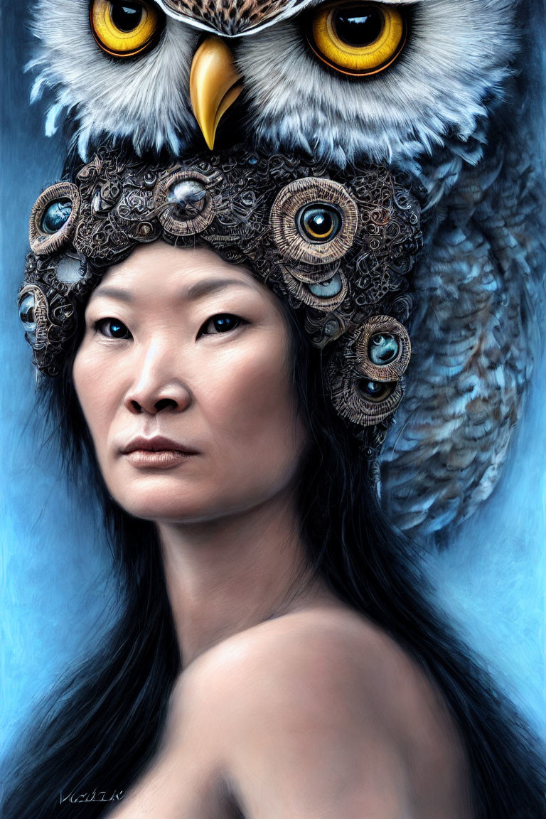 Digital painting of serene Asian woman with ornate owl headdress