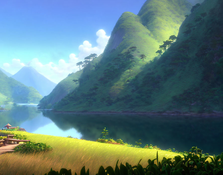Tranquil animated landscape with green mountains, river, sky, and house