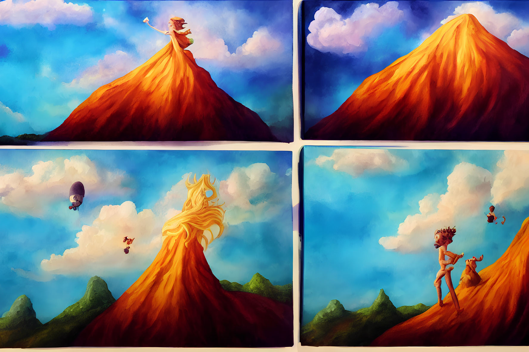 Four-panel artwork of animated volcano scenarios: woman at summit, fiery eruption, hot air balloon, person