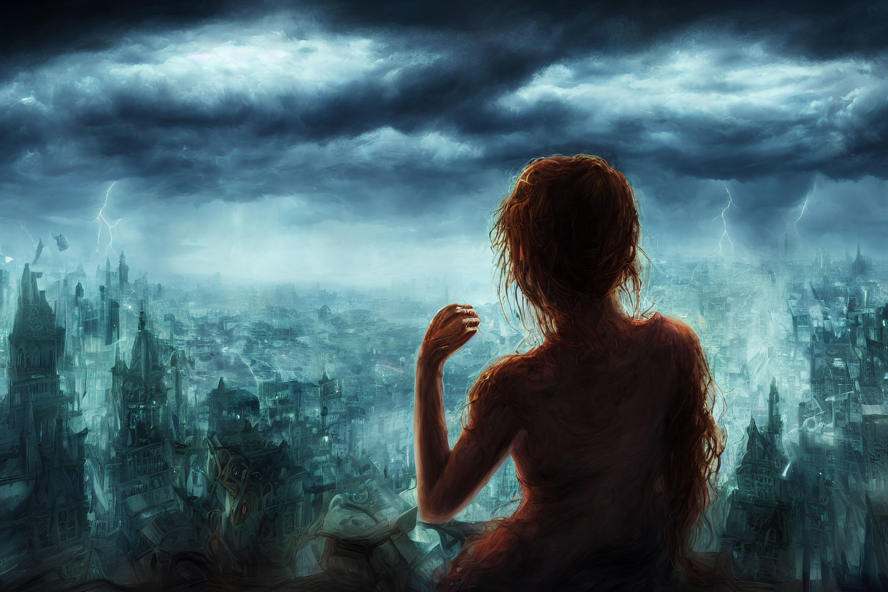 Person with flowing hair overlooking stormy cityscape from high vantage point