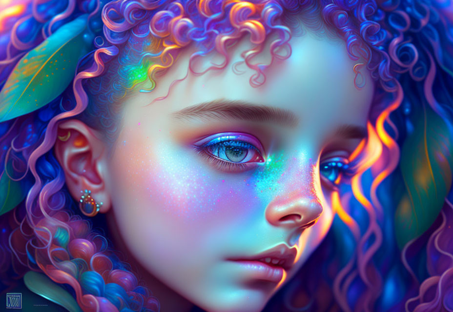 Colorful digital portrait of a girl with curly hair and blue eyes in neon glow.