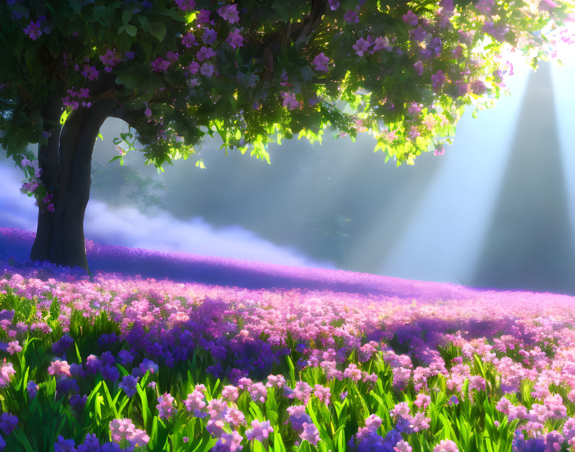 Sunlight through blooming tree onto vibrant field of purple flowers