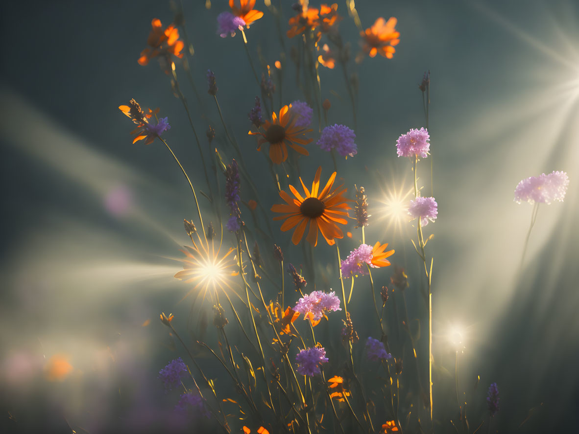 Sunlit Purple and Orange Wildflower Field: A Serene and Magical Scene