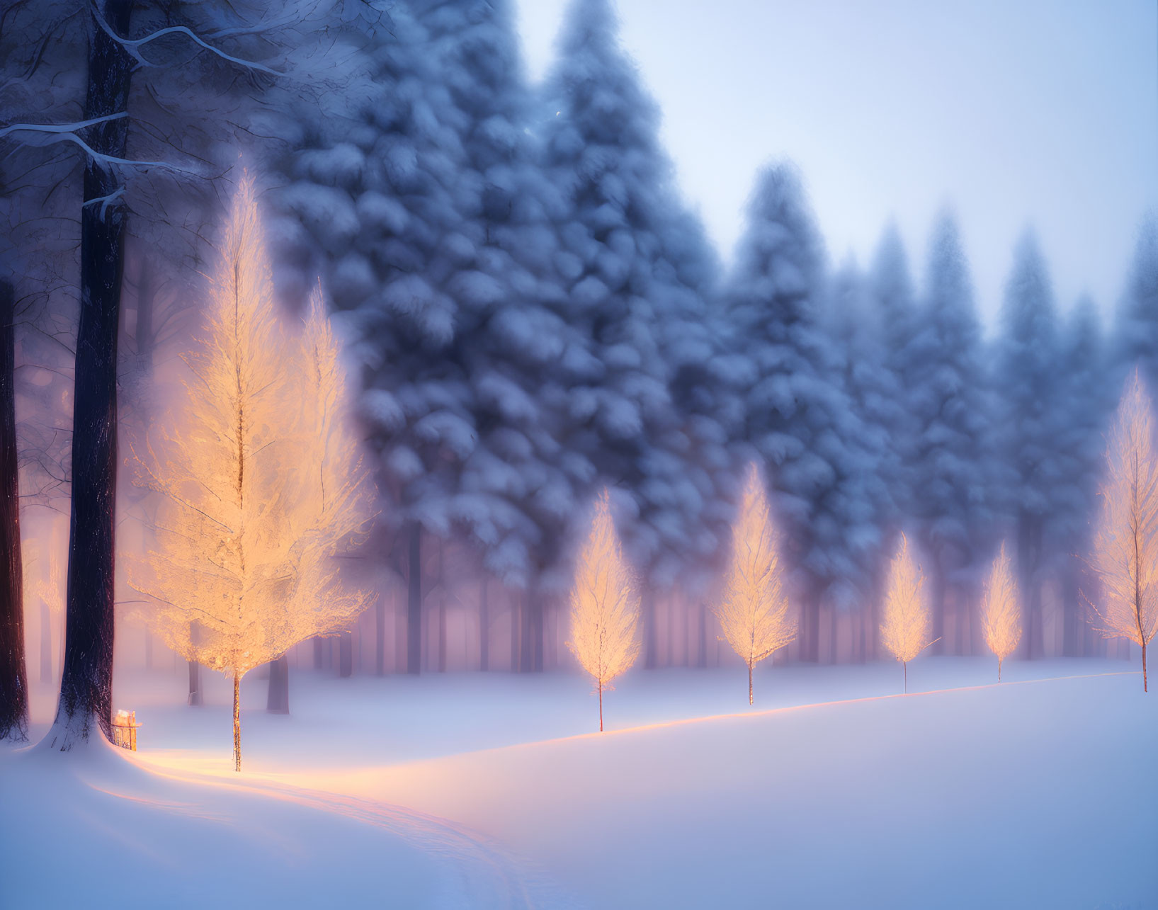 Twilight winter landscape: illuminated trees on snow