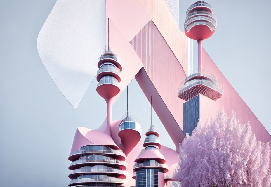 Futuristic pink and white buildings with high towers against a soft sky surrounded by lush trees