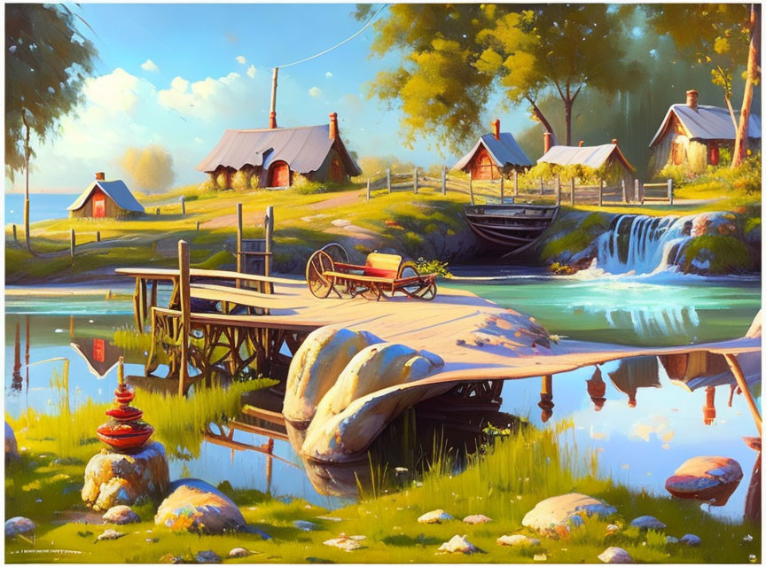 Tranquil countryside landscape with cottages, waterfall, wooden pier, and serene lake