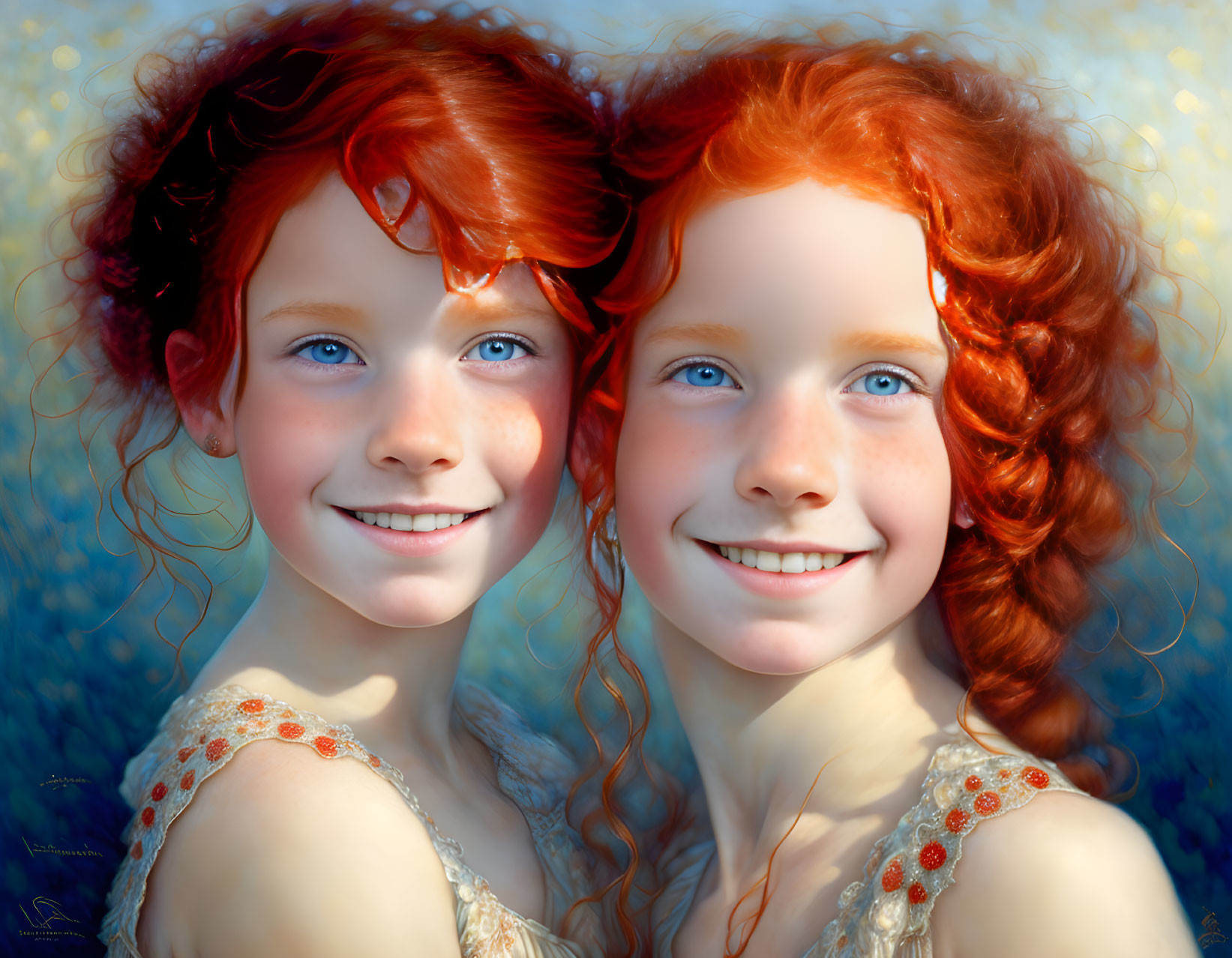 Two Smiling Girls with Red Curly Hair in Cream Outfits