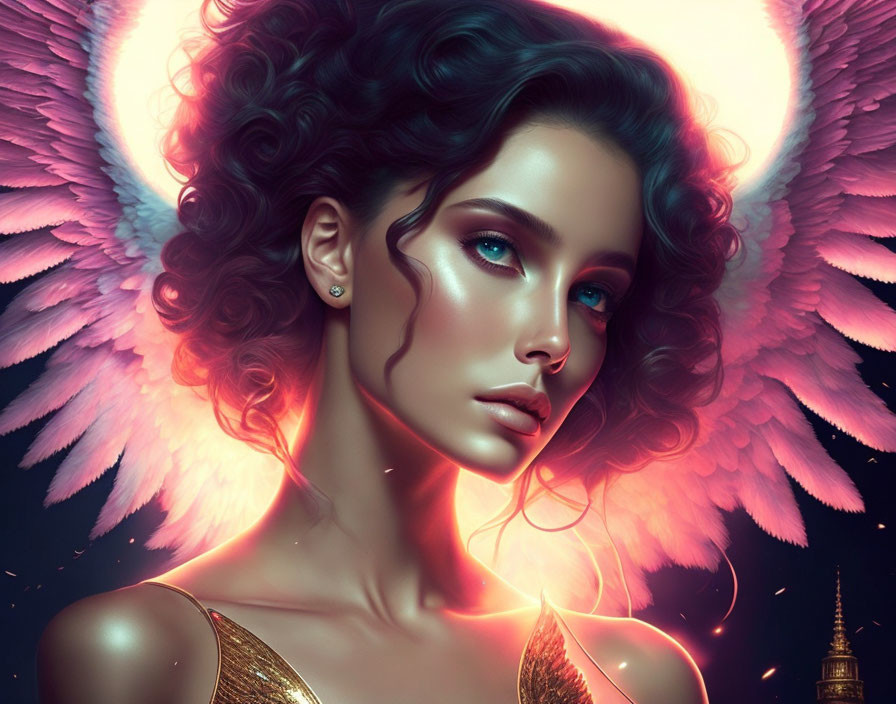 Digital artwork of woman with angel wings, curly hair, glowing skin, striking blue eyes, against fantasy