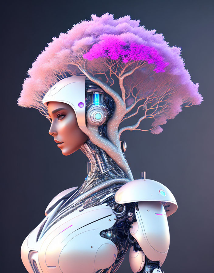Futuristic female android with pink bonsai hair in tech-nature fusion