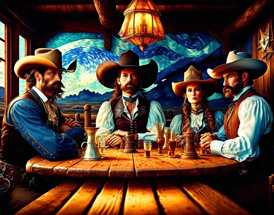 Western-themed poker table with four individuals in cowboy hats.