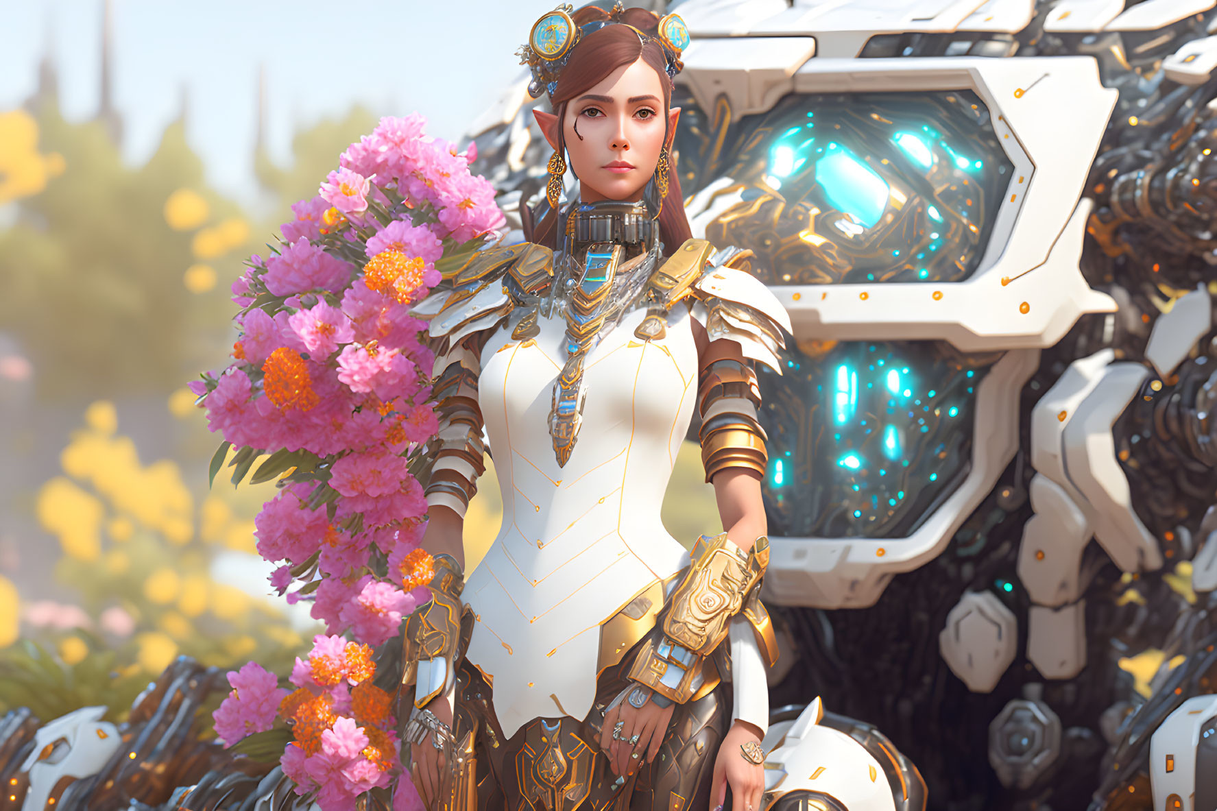 Futuristic armored woman with large robotic suit in spring landscape