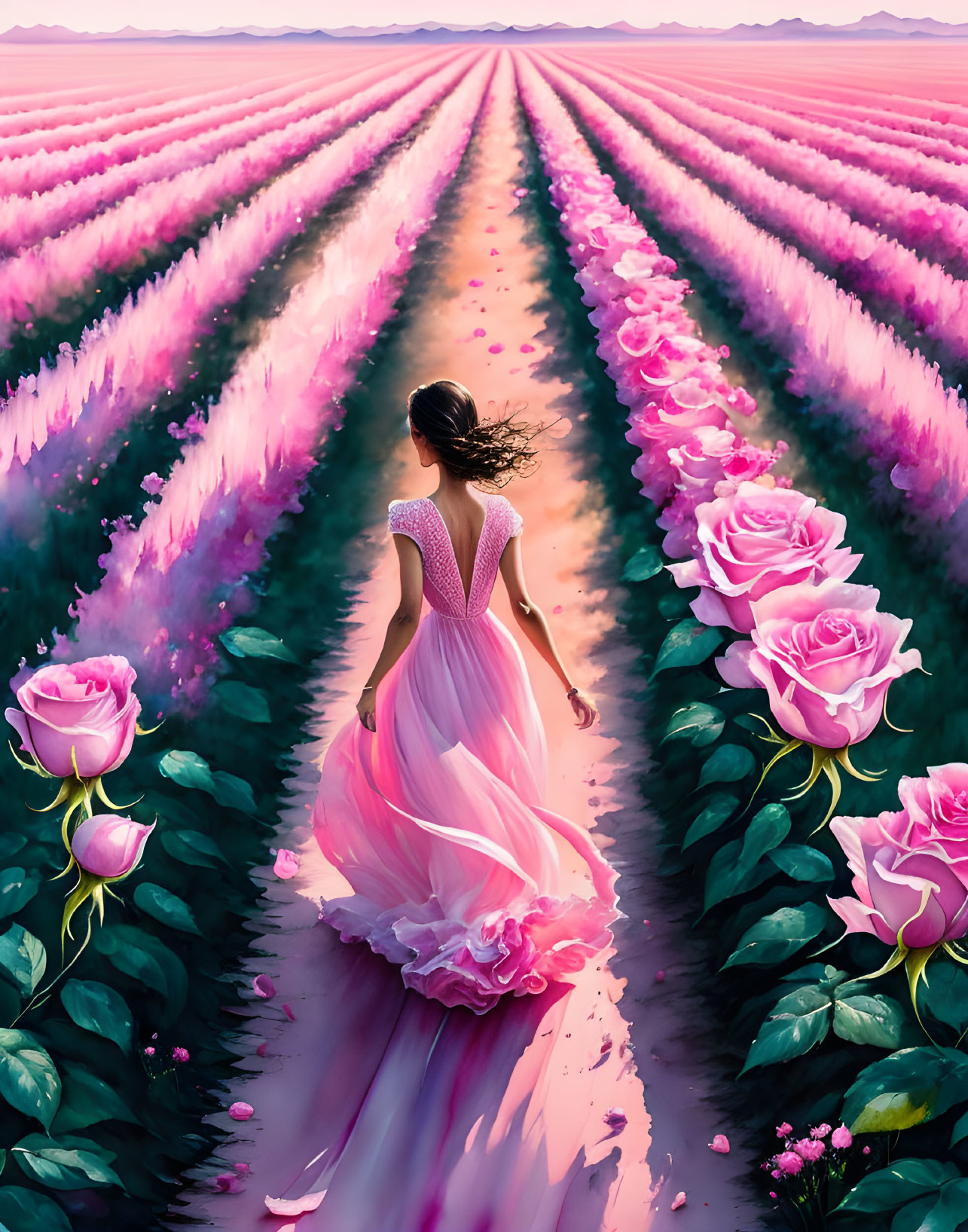 Woman in flowing pink dress walking among towering pink roses at dusk