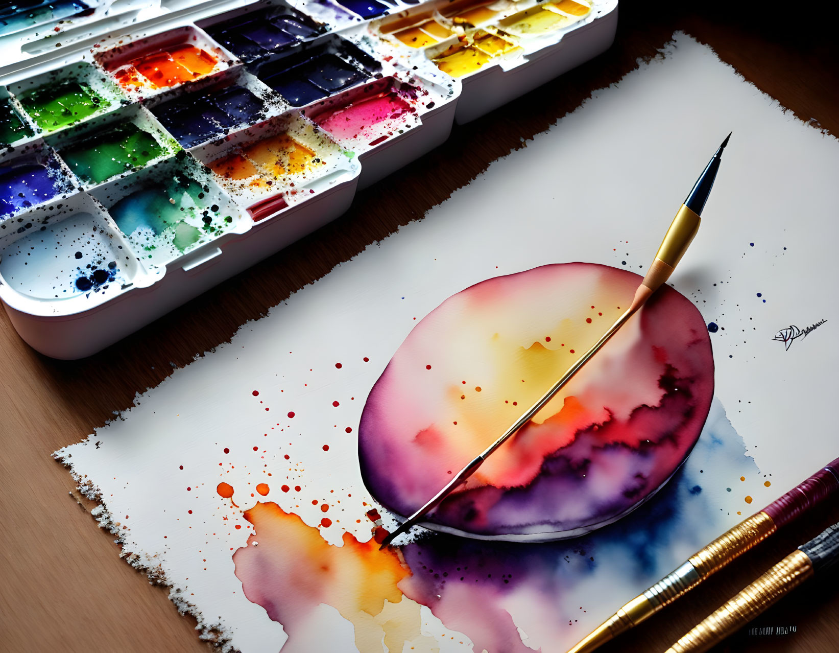 Colorful Watercolor Palette with Paintbrush and Abstract Splashes