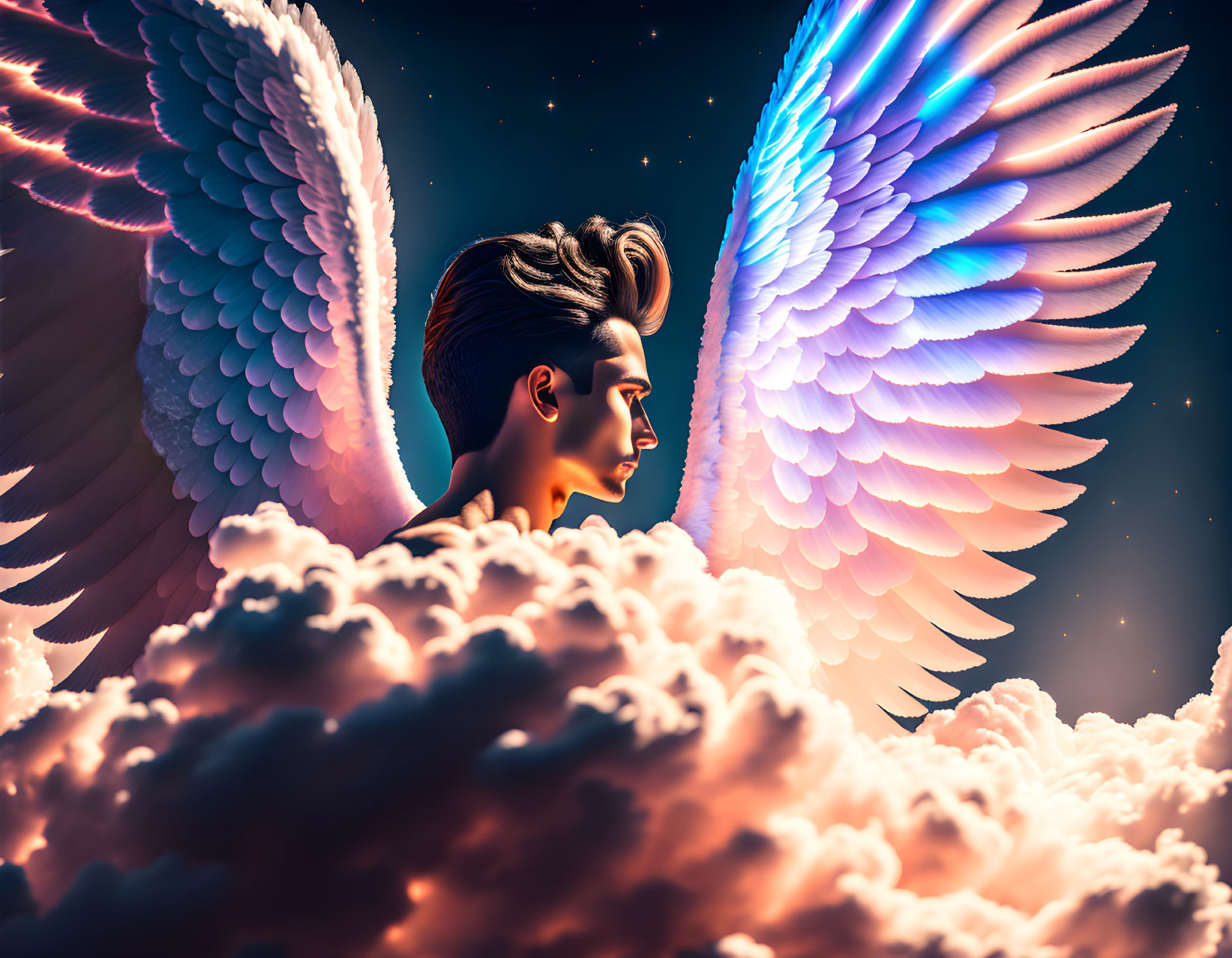 Person with Large, Luminous Wings in Starry Sky & Clouds