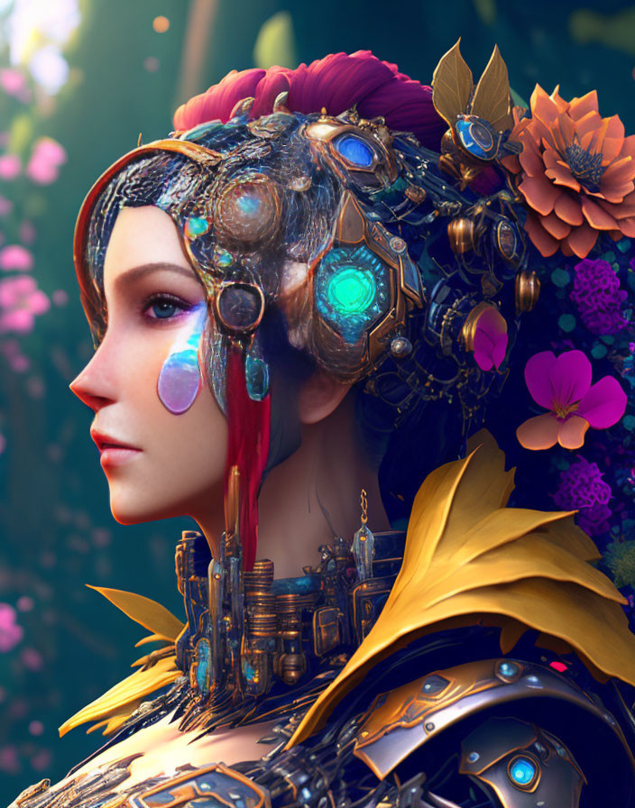 Futuristic woman with mechanical parts and glowing blue eye in floral setting