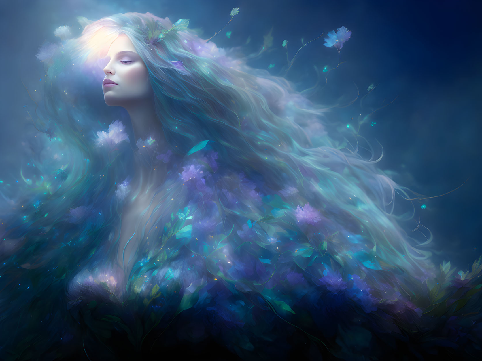 Ethereal woman with flower-adorned hair in mystical blue light