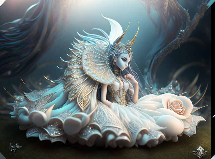 Ethereal character with golden crown and wings beside giant rose