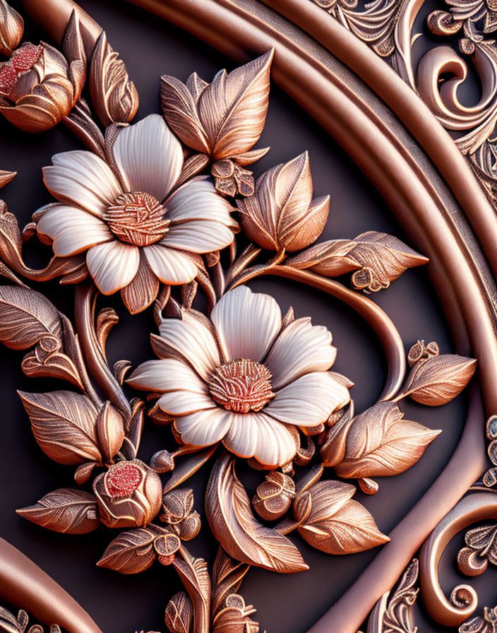 Floral Bas-Relief with Bronze-Like Petals and Swirling Designs