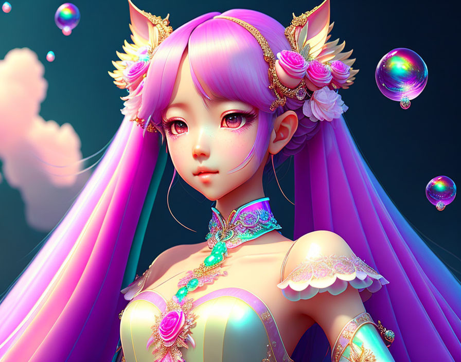 Digital Illustration of Girl with Pink Hair and Cat Ears in Iridescent Bubble Environment