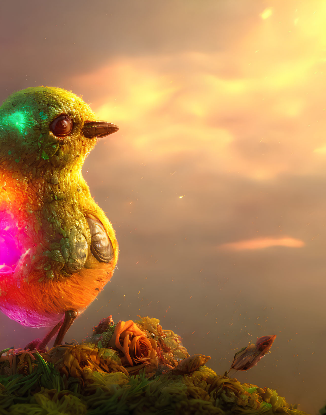 Colorful plump bird on flower mound under warm sky