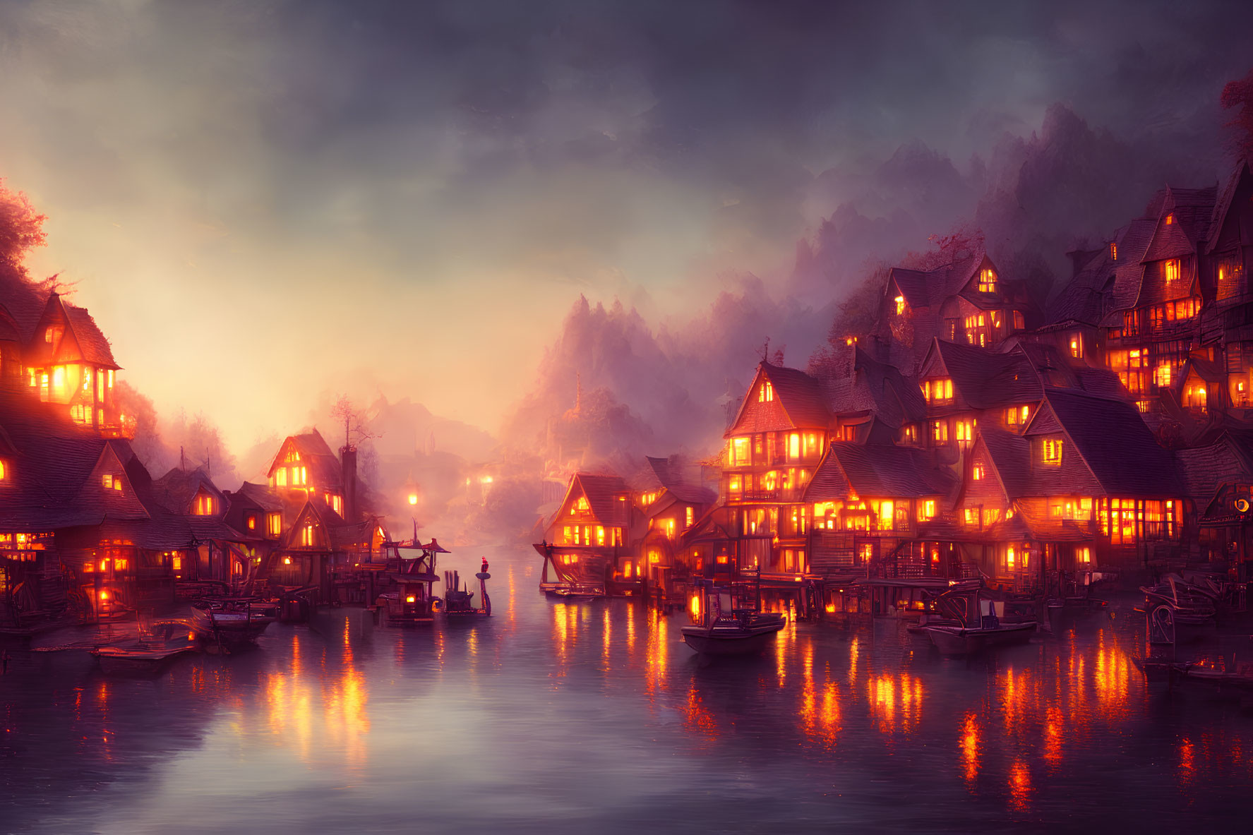 Twilight scene of warmly lit village reflected in river at dusk