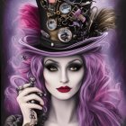 Vibrant purple hair woman in elaborate black hat with gemstone accents
