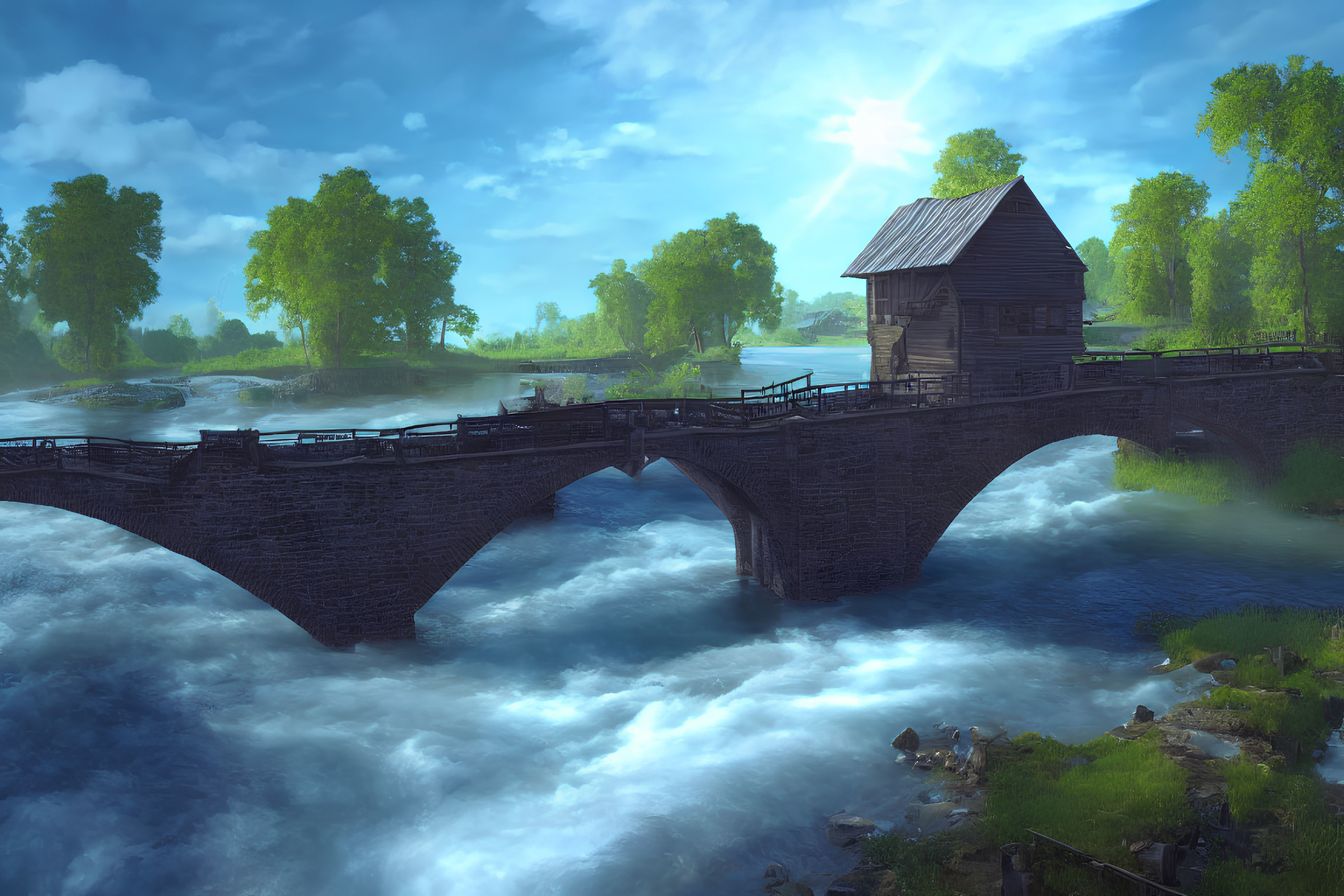 Digital artwork: Ancient stone bridge over blue river in lush green landscape